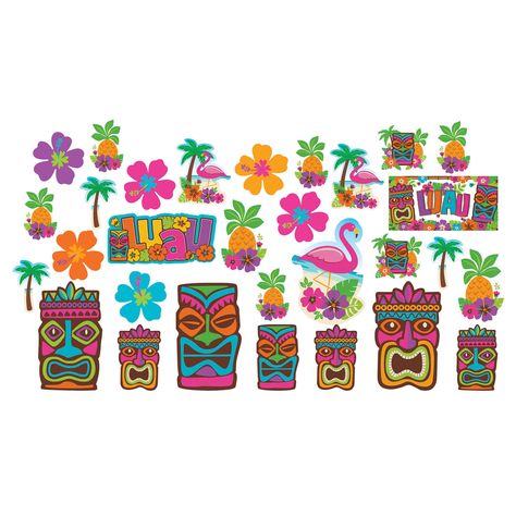 "Find the Summer Luau Tiki CutOuts Value Pack at Michaels. com. These double-sided plastic cutouts feature tiki statues with different facial expressions, pineapples, flamingos, palm trees and the caption, \"Luau.\" These double-sided plastic cutouts feature tiki statues with different facial expressions, pineapples, flamingos, palm trees and the caption, \"Luau.\" Details: Includes assorted styles and sizes 30 pieces Double sided Plastic Size Information: 5\" - 16 pieces 7\" - 8 pieces 11.5\" - Luau Signs, Tiki Theme Party, Tiki Room Party, 1st Birthday Luau, Tiki Theme, Totem Tiki, Lilo And Stitch Birthday, Mexican Christmas Decorations, Dorm Door Decorations