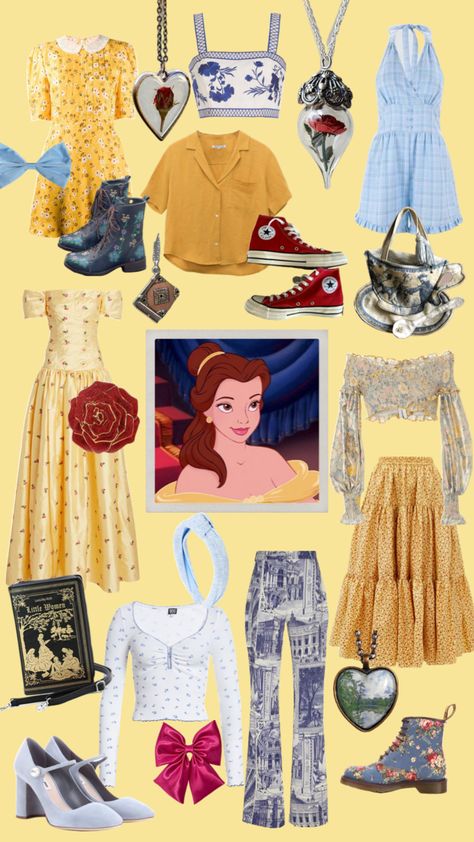 Disney Princess Lookbook, Bell Inspired Outfit Disney, Disney Princess Inspired Outfits Women, Belle Bounding Outfits, Belle Disney Outfit Ideas, Beauty And The Beast Disney Outfit, Belle Inspired Outfits Casual, Beauty And The Beast Outfit Ideas, Disney Themed Outfits For Women