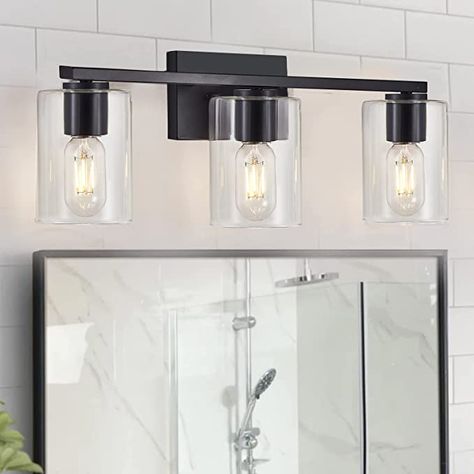 Bathroom Vanity Lights Black, Bathroom Vanity Lighting Over Mirror Black, Bathroom Light Fixtures Modern, Home Depot Lights, Lighting Bathroom Ideas, Bathroom Light Fixtures Black, Simple Bathroom Vanity Light, Black Vanity Lights, Light Fixtures For Bathroom