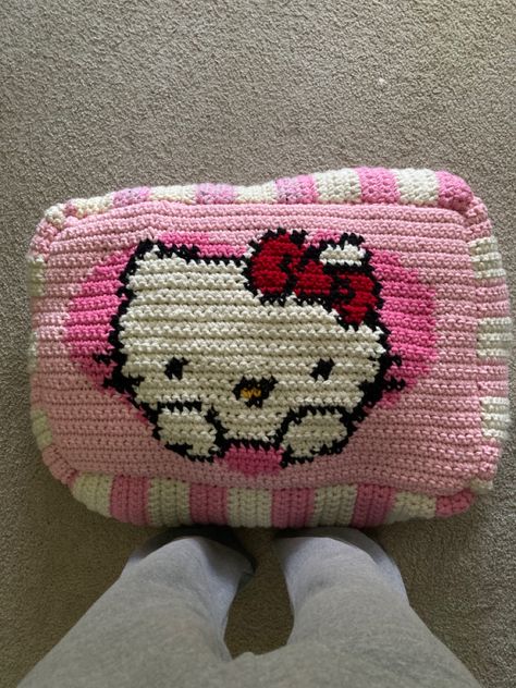 Crochet Patterns Picture, Knitting Hello Kitty, Crochet Hello Kitty Pillow, Crochet Tapestry Pillow, Crochet Floor Pillow, Soft Pink Coquette, Heart Hello Kitty, Crochet Hello Kitty, Coquette Heart