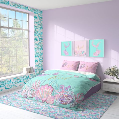 This mermaid seashells bedding set is perfect for your big girl room, complete with personalization! Available in twin, full, queen, or king and choose a comforter or duvet cover. Set includes duvet cover or comforter and two adult pillowcases. Does not include sheets. Girl Room Decor Ideas For Kids, Magical Kids Bedroom, Mermaid Bedroom Ideas For Girls Kids, Mermaid And Unicorn Bedroom, Girl Bedroom Ideas For Kids, Mermaid Bedroom Ideas Kids, Girls Ocean Themed Bedroom, Mermaid Toddler Room, Mermaid Room Ideas