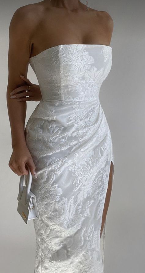 Wedding Reception Dress Midi, Cocktail Wedding Dresses, White Dress For Reception, Strapless Midi Wedding Dress, Bridal Shower Bride Dress, Engagement Dinner Dress, Two Piece Bridal Outfit, Rehersal Dinner Outfit Bride Summer, Bride Pool Party Outfit