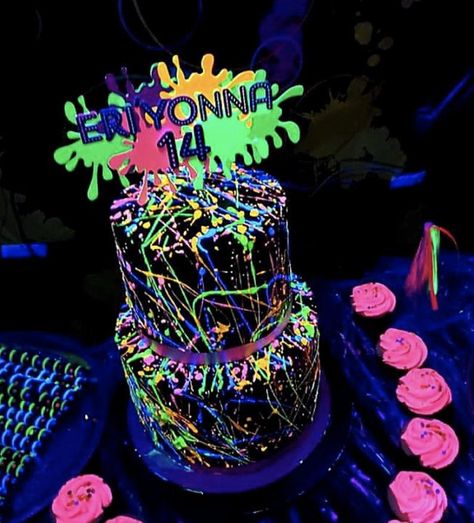 Neon Glow Party Cake Topper Slime Party Decorations Paint | Etsy Paint Party Cake, Slime Party Decorations, Glow Party Cake, Glow In The Dark Cake, 80's Theme Party, Neon Birthday Cakes, Dark Cake, Glow Party Decorations, Neon Glow Party