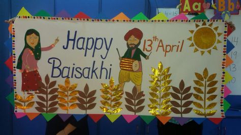 Happy baisakhi Baisakhi Board Decoration Ideas, Baisakhi Decoration Ideas For School, Baisakhi Activity For Kindergarten, Baisakhi Decoration Ideas, Softboard Ideas, Harvest Crafts For Kids, Class Board Decoration, Baisakhi Festival, Crafts For Kindergarten