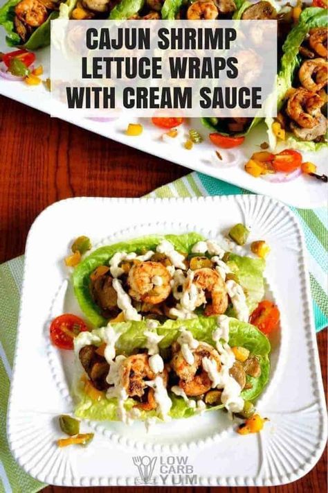 Easy keto shrimp lettuce wraps with cajun shrimp and cajun cream sauce. It's like a keto shrimp taco but with a homemade cajun seasoning recipe. #shrimp #lettucewraps #healthylunch #ketolunch #lowcarbyum Cajun Cream Sauce, Salat Wraps, Shrimp Lettuce Wraps, Lettuce Wrap Recipes, Low Carb Meal, Low Carb Diets, Recetas Keto, Low Carb Dinner Recipes, Low Carb Meals Easy