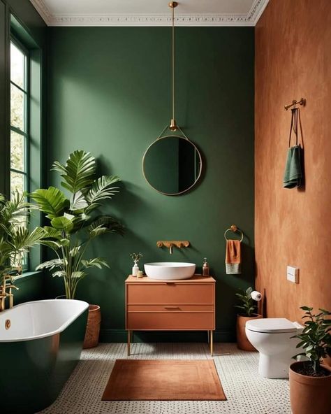 Pine Green Bathroom, Dark Green And Terracotta Bathroom, Green And Yellow Bathroom Ideas, Green Maximalist Bathroom, Orange And Green Bathroom Ideas, Green Orange Bathroom, Orange Green Bathroom, Green Toilet Room, Green And Terracotta Bathroom