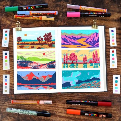 Colorful sci-fi landscapes ✨ 💜 Timelapse of these on my YouTube channel and a blogpost about them on my website. Link in bio for both! 💜 Posca Pens, Posca Marker, Posca Art, Modern Landscape, Gouache Art, Marker Drawing, Arte Sketchbook, Paint Marker, Sketchbook Inspiration