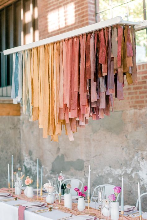 Wedding Reception | Learn about the creative process behind the muted rainbow ribbon chandelier that adorns this chic industrial micro wedding celebration. Ribbon Chandelier, Muted Rainbow, Rainbow Ribbon, בר מצווה, Micro Wedding, Wedding Los Angeles, The Ceiling, Party Inspiration, Diy Party