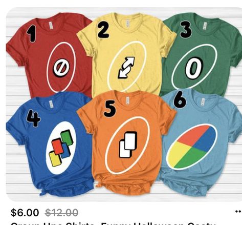 Staff Group Halloween Costumes, Uno Group Costume, Easy Halloween Tshirt Costume, Halloween Shirts For Women Group, Halloween Costume Tshirt Ideas, Game Theme Halloween Costume, Uno Halloween Costume, Group Costume Themes, Matching Group Halloween Costumes