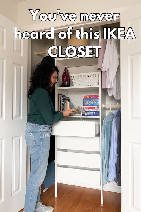 Save thousands with this IKEA CLOSET system! Ikea Closet System Small Spaces, Compact Closet Ideas, Ikea Dresser Closet Hack, Ikea Small Closet, Ikea Reach In Closet Ideas, Ikea Closet Hack Small Bifold, Tiny Reach In Closet Ideas, Built In Drawers In Closet, Bifold Closet Makeover