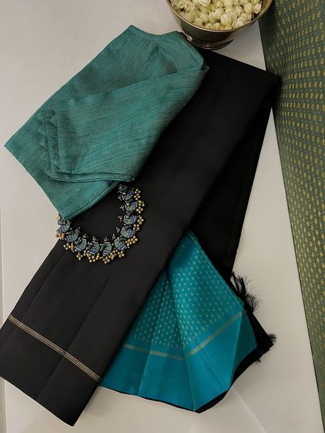 Lavanyam sarees offer the perfect canvas for everyone to style their own way. This saree comes with a teal brocade pallu and blouse piece Saree Colour Combination Ideas, Traditional Look In Saree, Sarees Combination, Check Saree, Saree Photography, Saree Color Combinations, Latest Saree Trends, Elegant Sarees, Pleated Saree