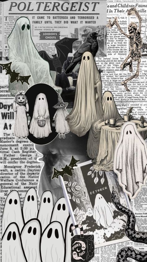 collage of ghosts and spooky cutouts Ghost Collage, Cutout Collage, Home Screen Lock Screen, Aesthetic Collages, Paper Collages, Invisible String, Scary Wallpaper, Goth Wallpaper, Screen Lock