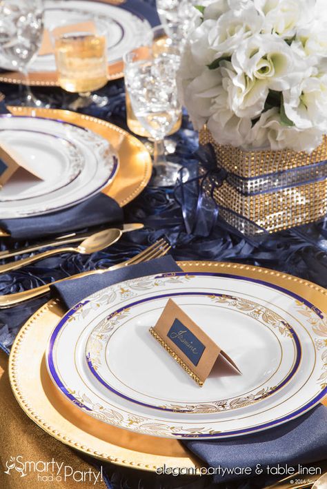 Signature #navy and #gold #wedding and #event #design. | SmartyHadAParty.com Gold Tablecloth, Romantic Table Setting, Christmas Dining Table Decor, Plastic Dinnerware Sets, Christmas Dining Table, Plastic Dinnerware, Party Table Settings, Wedding Party Table, Elegant Table Settings