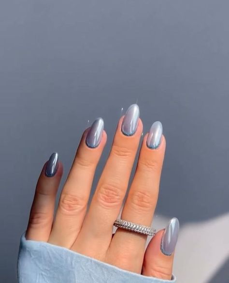 Glitter Nails Classy, Baby Blue Glitter Nails, Baby Blue Chrome Nails, Baby Blue Chrome, Acrylic Nails Simple, Blue Chrome Nails, Blue Glitter Nails, Nails Chrome, Beauty Hacks Nails