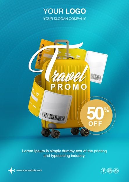 Travel promo flyer with yellow suitcase | Premium Psd #Freepik #psd #vacation #sale #business #tourism Travel Design Poster, Tourism Flyer, Offer Ads, Yellow Suitcase, Black Friday Travel, Holiday Poster Design, Travel Promotion, Travel Flyer, Promo Flyer