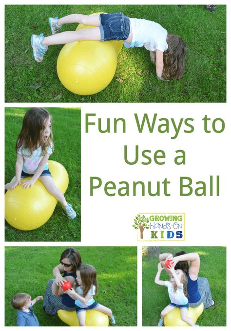 Fun Ways to use a Peanut Ball from Fun and Function. Pediatric Physical Therapy Exercises, Proprioceptive Activities, Peanut Ball, Pediatric Physical Therapy Activities, Therapy Ball, Occupational Therapy Kids, Sensory Diet, Pediatric Physical Therapy, Occupational Therapy Activities