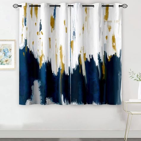 Navy Blue White Brown Grey Abstract Grommet Room Darkening Blackout Curtains 63 Inches Long, Oil Painting Style Print Ombre Window Drapes for Living Room Bedroom, 42" 63", Set of 2 Panels Grey Abstract Art, Drapes For Living Room, Dining Room Curtains, Silk Curtains, Decorative Lines, Curtain Patterns, Window Drapes, Fabric Squares, Modern Art Abstract