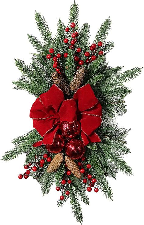 Amazon.com: Classics Stair Swag Christmas Swag, Christmas Swag Wreath Wall Door Window Hanging Teardrop Swag Xmas Wreath with Berries Ribbon Pine Cone Bowknot Hanging Ornaments for Holiday Door Wall Stairway : Home & Kitchen Christmas Teardrop Swags, Christmas Door Hanger Ideas, Wall Hangings Ideas, Wooden Door Ideas, Christmas Door Swag, Door Swags, Swag Christmas, Teardrop Swag, Door Hanger Ideas