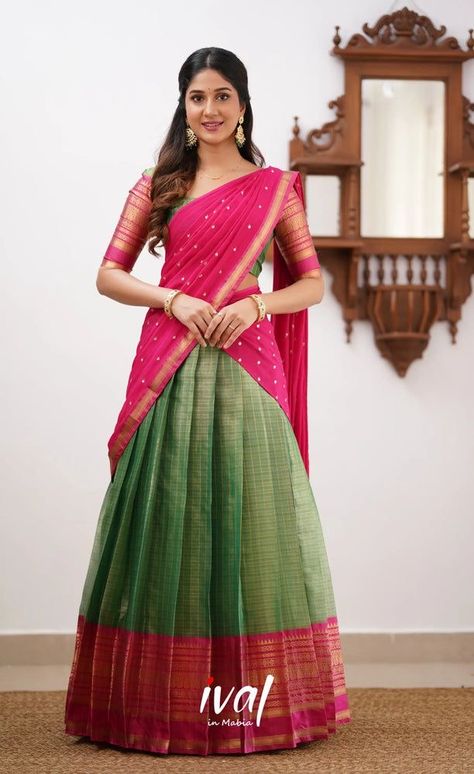 Simple Half Saree Designs South Indian, Organza Half Saree, Half Saree Designs South Indian, Pink Half Sarees, Orang India, Langa Voni, Simple Frock Design, Lehenga Saree Design, Simple Lehenga