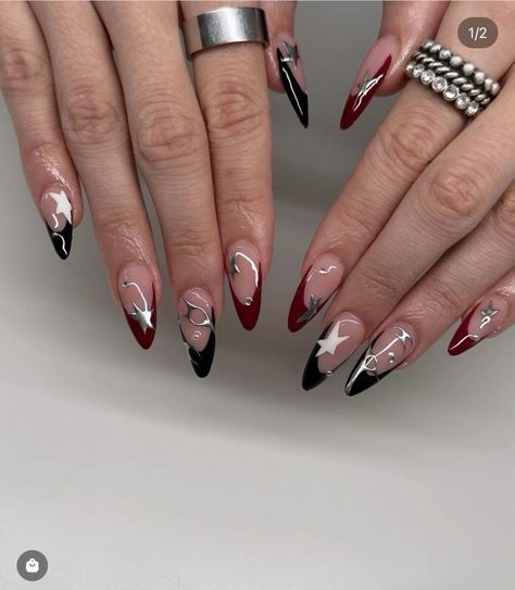 Dark Core Nails, Chase Atlantic Inspired Nails, Red And Black Chrome Nails, Dark Red Nails With Stars, Almond Nails Edgy, Contrasting Nails, Dark Fem Nails, Concert Nail Ideas, Alcohol Nails