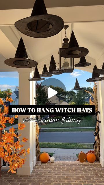 Marissa Lynn Fidler on Instagram: "The ONLY way to hang your witch hats this Halloween without them falling! ✨🧙‍♀️  Follow @fidlinaroundhome then comment HAT for 🔗🔗🔗 to the witch hats AND supplies I use!!   We have been hanging witch hats on our porch ceiling for the past 5 years this way…they have withstood all sorts of winds, rain, and weather here in NC 🙌🏻👏🏻   If for some reason the command hook method doesn’t work for you, you can ALSO try using strong adhesive clear tape OR a stale gun (this causing a bit more damage than the alternative methods, but is very secure).   How do you create and hang your floating witch hats?! SAVE and SHARE this post with a Halloween lovin friend! 🎃👻" Hanging Witch Hats, Floating Witch Hats, Floating Witch, Simple Front Porch, Fun Diy Halloween Decorations, Hanging Witch, Pumpkin Carving Designs, Halloween Props Diy, Halloween Front Porch Decor