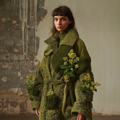 Introducing the “Moss Elegance” coat, inspired by the lush greenery of forest moss. Soft, flowing, and adorned with delicate details, it captures the essence of nature’s beauty in every stitch. Conceptual AI Art Follow @ecosapiens for more! Moss Costume, Moss Clothes, Moss Clothing, Moss Jacket, Moss Graffiti, Moss Fashion, Forest Moss, Lush Greenery, Delicate Details