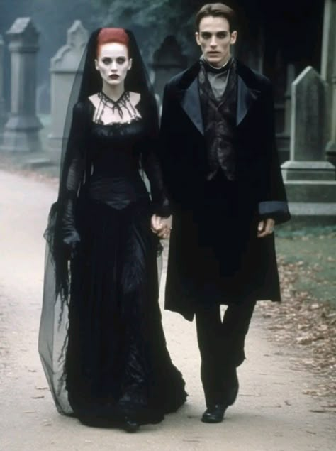 Goth Bride And Groom, Victorian Vampire Couple Costume, Dracula Outfit Aesthetic, Goth Couple Outfits, Witch And Vampire Couple Costume, Edgar Allan Poe Costume, Vampire Bride And Groom Costume, Dracula Aesthetic Outfit, Gothic Victorian Aesthetic Outfit