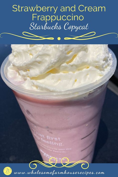 Strawberry and Cream Frappuccino Starbucks Copycat Strawberry And Cream Frappuccino, Starbucks Strawberry Frappuccino, Starbucks Copycat Recipes Drinks, Strawberry Frappuccino, Frappuccino Starbucks, Greek Yogurt Smoothie, Starbucks Strawberry, Strawberry And Cream, Summer Food Party