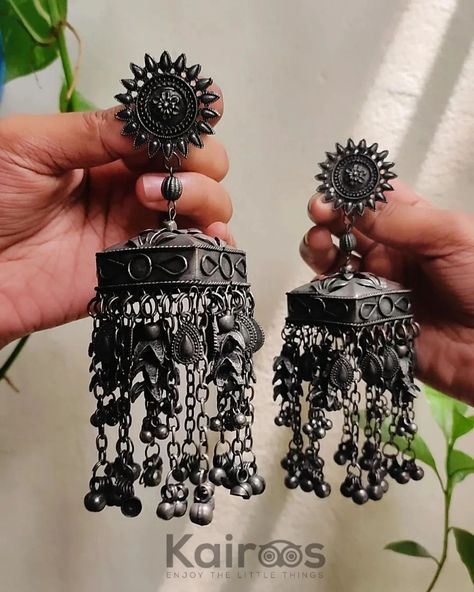 We are taking orders for this oversized Jhumka 😍 . 📍 Previous price: 560/- 💥 New price: 499/- . Inbox to order ❤️ Thank you 💖 . #kairoos #jhumka #oversizejhumka #blackpolishjewellery #germansilverjewellery #jewellery #earring #shoponline #goodbuy #fashion #traditional #today #newlook #dhaka #bangladesh Black Oxidised Earrings, Black Oxidised Jhumka, What Jhumka, Oxidised Jhumka, Traditional Accessories, Aesthetic Jewellery, Oxidised Earrings, Pretty Jewelry Necklaces, Fashion Traditional