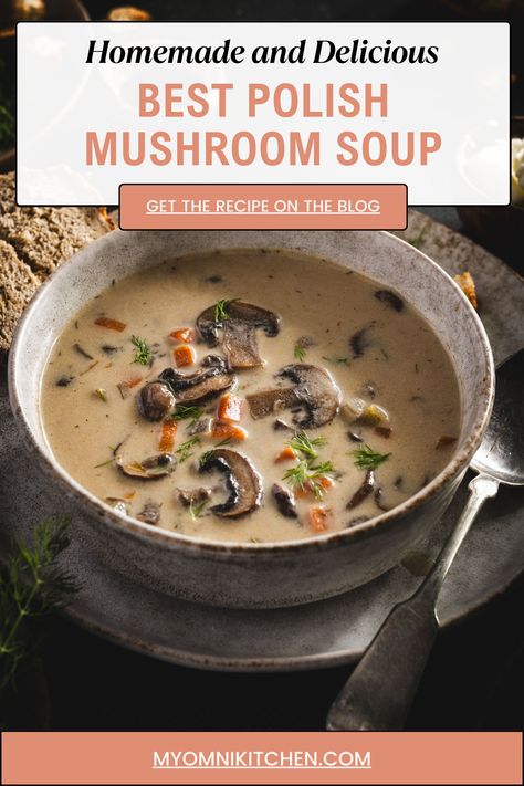 This Polish Mushroom Soup can be enjoyed during colder months as much as during the summer. The broth base gives it lightness, while the combination of dried and bella mushrooms gives it substance. This soup is light and filling at the same time. Adding creamy sauce at the end creates, smooth, satisfying finish. Polish Mushroom Soup Recipes, Oyster Mushroom Soup Recipe, Polish Mushroom Soup, Mushroom Potato Soup, Polish Recipe, Mushroom Soup Recipes, Dried Mushrooms, Easy Soup, Creamy Mushrooms