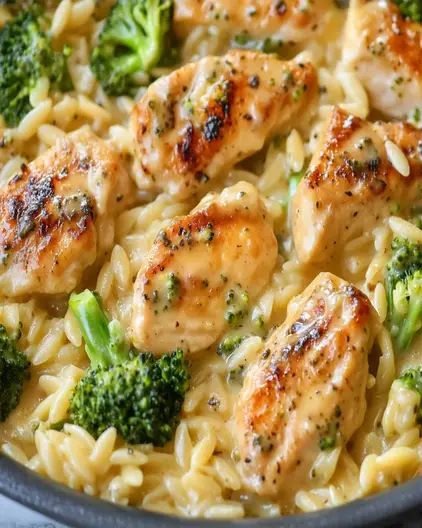 Creamy Chicken and Orzo with Broccoli and Cheddar - optimal recipes Orzo And Broccoli Recipe, Orzo With Broccoli, Dip Easy Recipes, Creamy Chicken And Orzo, Creamy Chicken And Broccoli Pasta, Buffalo Chicken Dip Easy Recipes, Chicken And Orzo, Cheddar Recipes, Broccoli And Cheddar