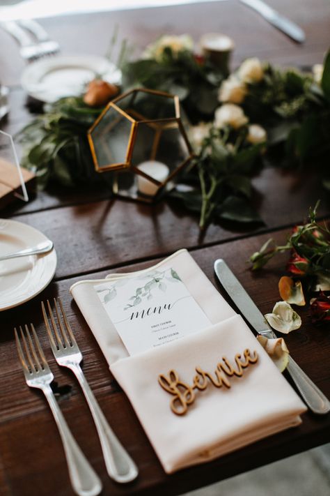 Rustic New Jersey Garden Wedding at Crossed Keys Estate Wedding Place Settings Without Plates Napkins, Place Setting Without Charger, Wedding Place Setting No Plate, Name Plates Wedding Place Settings, Wedding Napkins Ideas, Wooden Chargers Place Settings, Rustic Place Setting Wedding, Place Settings Without Plates, Wedding Place Settings Without Plates