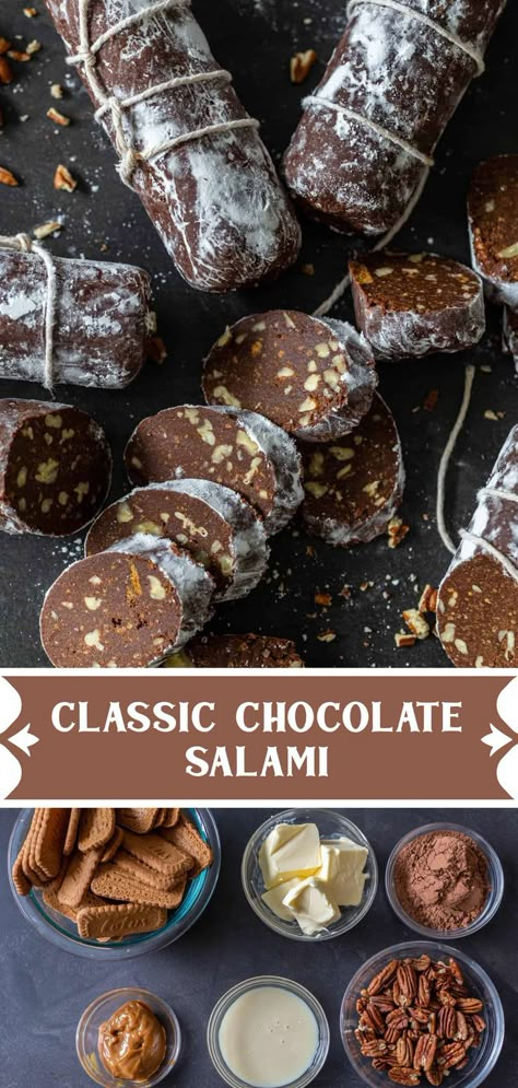 Chocolate Salami 12 Tomatoes, Portuguese Chocolate Salami, Chocolate Salami Recipe Italian, Chocolate Salami Italian, Chocolate Savory Recipes, Chocolate Festival Ideas, Chocolate Salami Recipe Christmas, Italian Chocolate Desserts, Handmade Chocolates Recipes