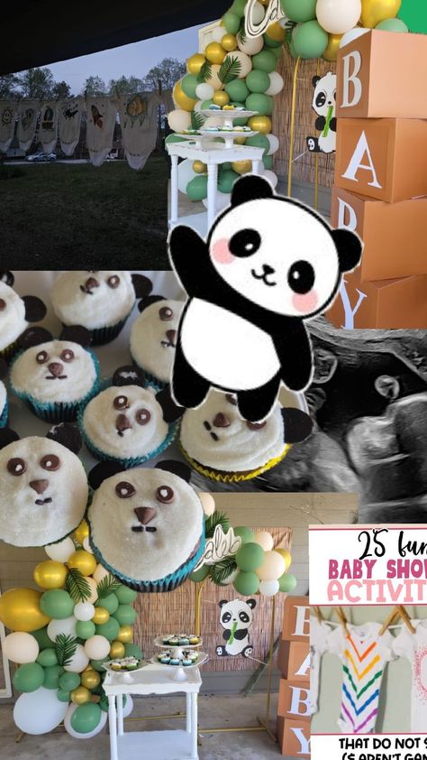 Different pictures for a Panda themed baby shower. Cupcake decorated with Panda faces. Different tones of green and golden balloon arc. Cloth backdrop that looks like wood. Four brown boxes with white  letters spelling baby. Baby onisies painted by the guess. Themed Baby Shower Ideas, Panda Baby, Baby Shower Decoration, Cool Baby Stuff, Shower Decorations, Baby Shower Themes, Baby Shower Decorations, Shower Ideas, Baby Shower