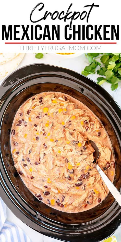 Short on time? This easy crockpot chicken recipe is one of the simplest recipes you'll ever make! Plus it's also delicious, filling and inexpensive. No wonder it's a favorite! via @FrugalMomL Tortilla Filling, Fiesta Chicken Crockpot, Crockpot Mexican Chicken, Crockpot Mexican, Beans In Crockpot, Magical Slow Cooker, Fiesta Chicken, The Magical Slow Cooker, Chicken Crockpot Recipes Easy