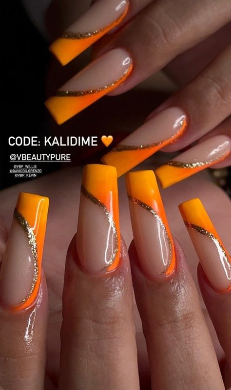 Gel Orange Nails, October Acrylic Nails, Half Nail Design Ideas, Gold And Orange Nails, Bedazzle Nails, Orange Nails Acrylic, Bedazzled Nails, Orange Acrylic Nails, Ombre Nail Art Designs