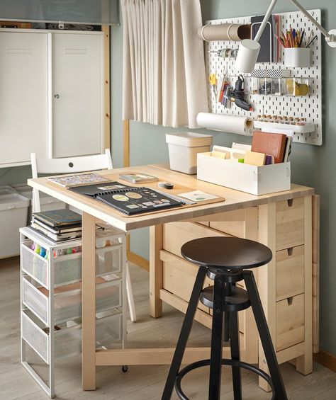 A NORDEN table arranged for scrapbooking, highly organised and accessories within reach on table, pegboard and in drawers. Norden Gateleg Table, Hobby Room, Drawer Unit, Under The Table, Small Storage, Sewing Room, Drafting Desk, Folding Table, Space Saving