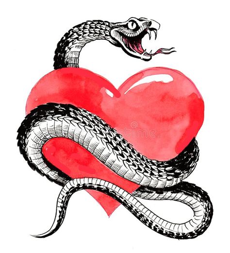 Heart and snake. Ink and watercolor illustration of a poisonous snake around red #Sponsored , #AFFILIATE, #affiliate, #snake, #poisonous, #red, #Ink Snake Wrapped Around Heart, Heart Meaning, Tattoo Chart, Snake Heart, Snake Illustration, Art Shed, Graffiti Text, Snake Art, Heart Tattoo Designs