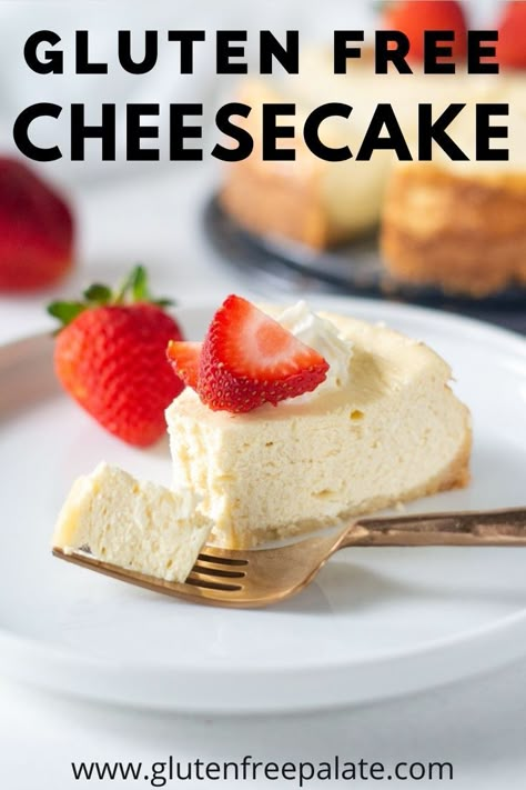 This amazing, decadant eGluten Free Cheesecake is easy to make and it has the best texture. Step by step instructions, a video, and an option for making a larger gluten free cheesecake are included. Gf Cheesecake Recipes Easy, Easy Gluten Free Cheesecake No Bake, Gluten Free Baked Cheesecake, Gluten Free Cheesecake Recipe No Bake, Gf Cheesecake Recipes, Cheesecake Recipes Gluten Free, Easy Gluten Free Cheesecake, Gluten Free Cheesecake Crust, Gluten Free Cheesecake Recipe