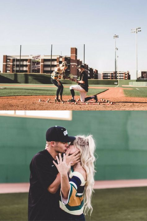 Softball Couples, Field Proposal, Baseball Proposal, Baseball Bf, Sport Couples, Mlb Wife, Baseball Engagement Photos, Softball Wedding, Baseball Engagement