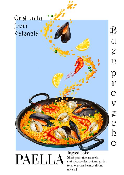 Paella Drawing, Paella Illustration, Spanish Menu Design, Spain Illustration Art, Spain Graphic Design, Spanish Design Graphic, Spanish Illustration, Seafood Illustration, Spanish Graphic Design