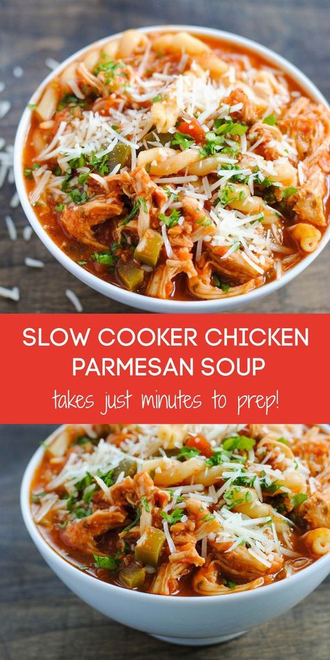 This Slow Cooker Chicken Parmesan Soup has all of the flavors of decadent Chicken Parmesan in a waistline-friendly crockpot soup! This family-friendly dinner recipe takes just minutes to prep. Parmesan Soup Recipe, Chicken Parmesan Soup Recipe, Slow Cooker Kip, Chicken Parmesan Soup, Slow Cooker Chicken Parmesan, Crockpot Chicken Parmesan, Chicken Cooker, Parmesan Soup, Crockpot Soup