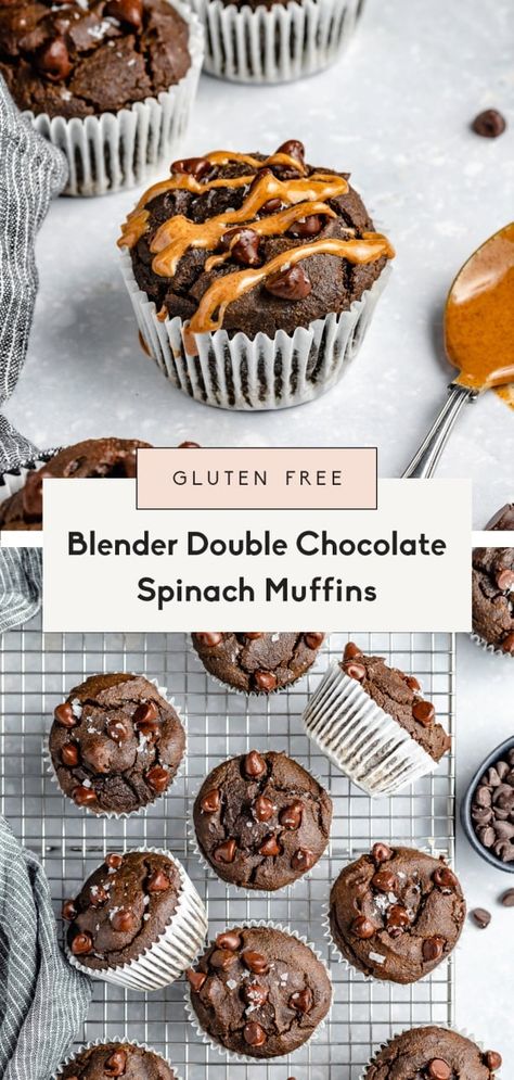 Fluffy gluten free chocolate spinach muffins made with nourishing ingredients like almond flour, hemp hearts, and of course, fresh spinach! These easy chocolate spinach muffins are naturally sweetened, pack in protein & healthy fats and are made right in your blender. An easy and delicious breakfast or snack that's great for kids! Spinach Protein Muffins, Easy Blender Muffins, Baking With Spinach, Gluten Free Spinach Muffins, Blender Protein Muffins, Spinach Chocolate Muffins, Spinach Chocolate Chip Muffins, Gluten Free Blender Muffins, Healthy Chocolate Muffins For Kids