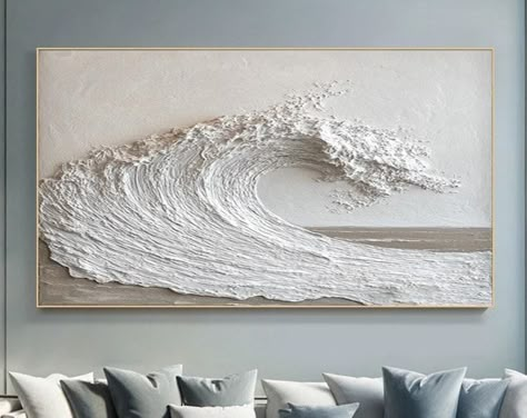 Textured Art Above Couch, Wall Art Abstract Minimalist, Ocean Plaster Art, Textured Ocean Art, Thick Acrylic Painting On Canvas, Textured Art Mountain, Wave Texture Art, White Texture Painting, Compound Art