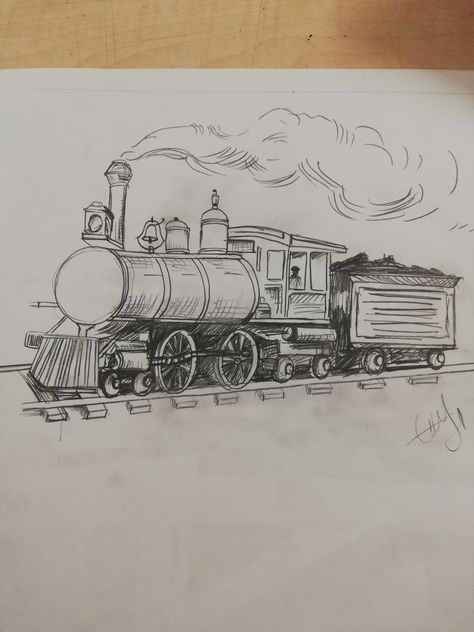 Train Pencil Drawing, Train Sketch Design, Old Train Drawing, How To Draw A Train, Train Sketch Simple, Railroad Drawing, Train Drawing Sketches, Easy Train Drawing, Train Drawing Simple