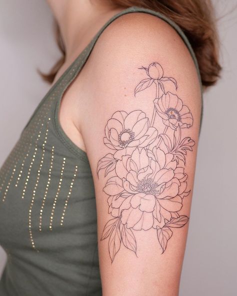 M Ü K on Instagram: “Peony, poppy and anemone 🤍 @atelier.iwa . . . . . . . . . #peonytattoo #poppytattoo #floraltattoo #flowertattoo #flowerlover #floraldesign…” Poppy And Peony Tattoo, Peony And Anemone Tattoo, Peony Stamp Tattoo, Ornamental Peonies Tattoo, Bold Peony Tattoo, Anemone Tattoo, Poppies Tattoo, Peonies Tattoo, Flower Lover