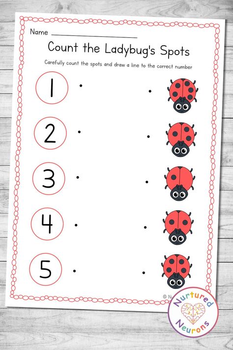 These ladybug counting worksheets are a super way to develop kids' counting and number number recognition skills this spring!   They'll need to carefully count the spots then draw a line to the correct number.   Grab this early math worksheet over at Nurtured Neurons!   #PreschoolMath #PreschoolWorksheets #KindergartenWorksheets #Counting #CountingSheets #EarlyMath #EYFS #SpringWorksheets #LadybugWorksheets #Ladybugs Ladybug Worksheet, Count And Match Worksheets, Ladybug Counting, Match Worksheet, Kids Counting, Worksheet For Kindergarten, Phonics Printables, Prewriting Skills, Pencil Control