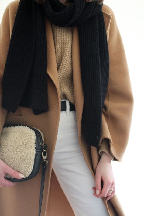 BLACK, CAMEL & WHITE - Style Bee Ribbed Scarf, Waffle Sweater, Black Camel, Black Accessories, Camel Coat, White Texture, Straight Leg Denim, Winter Essentials, Black Rib