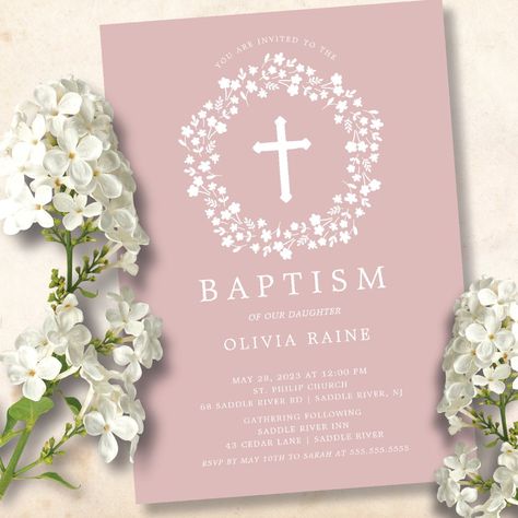 Blush Floral Girls Baptism Invitation Wreath Minimalist, Mauve Background, Baptism Invitations Girl, Elegant Girls, Baptism Invitation, Lavender Floral, Baptism Girl, Baptism Invitations, Engagement Party Invitations