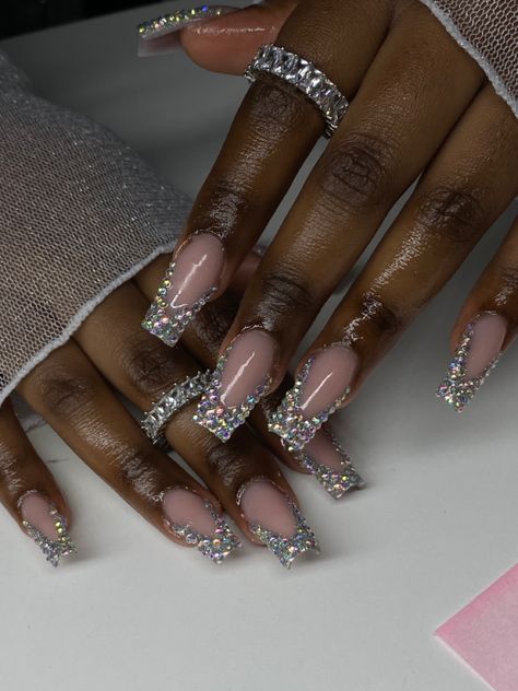 French Tip Nails With Diamonds Bling, French Manicure With Rhinestones Bling, Pixie Crystal French Tip Nails, French Tip Bedazzled Nails, Rhine Stone French Tip Nails, Nail Gems Placement, Colourful Rhinestone Nails, Nail Inspo Jewels, Bling Tip Nails